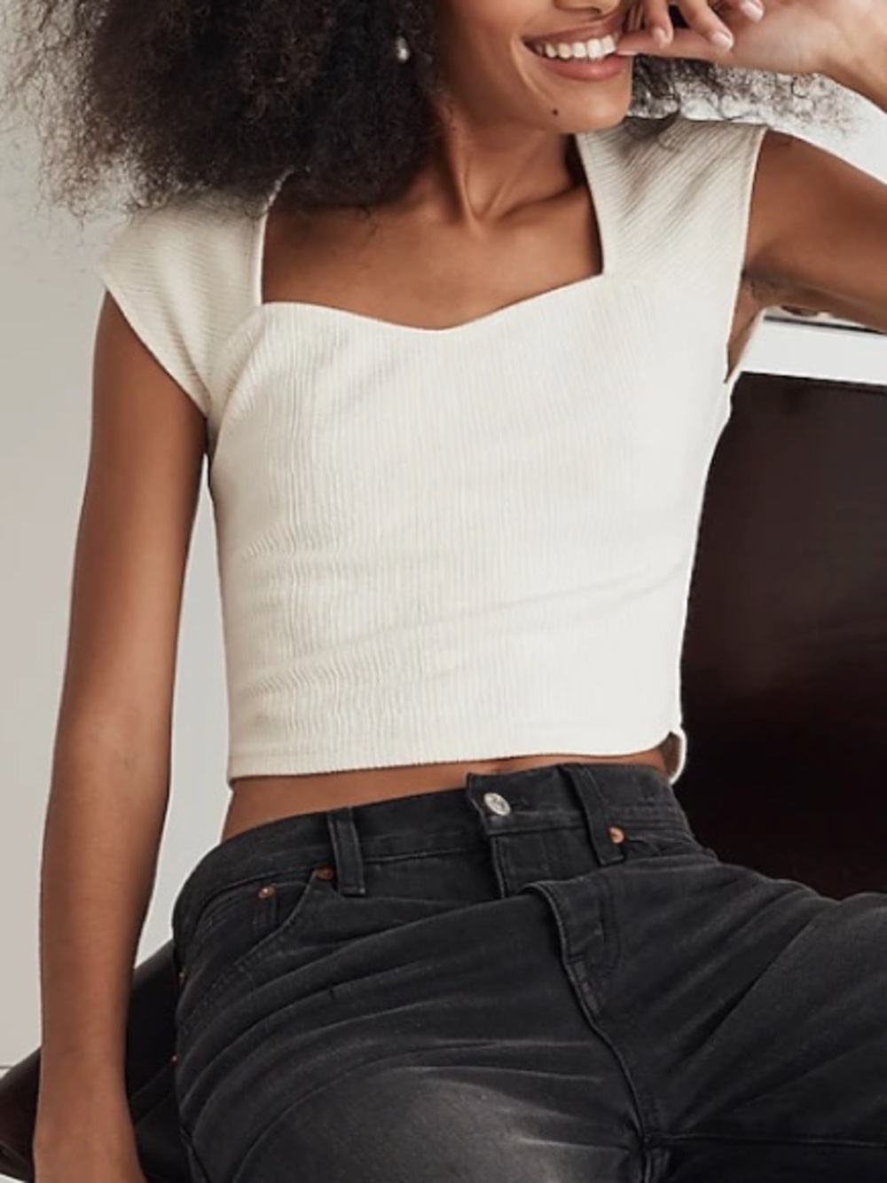 Madewell Ivory Jacquard Cap Sleeve Sweetheart Crop Top
